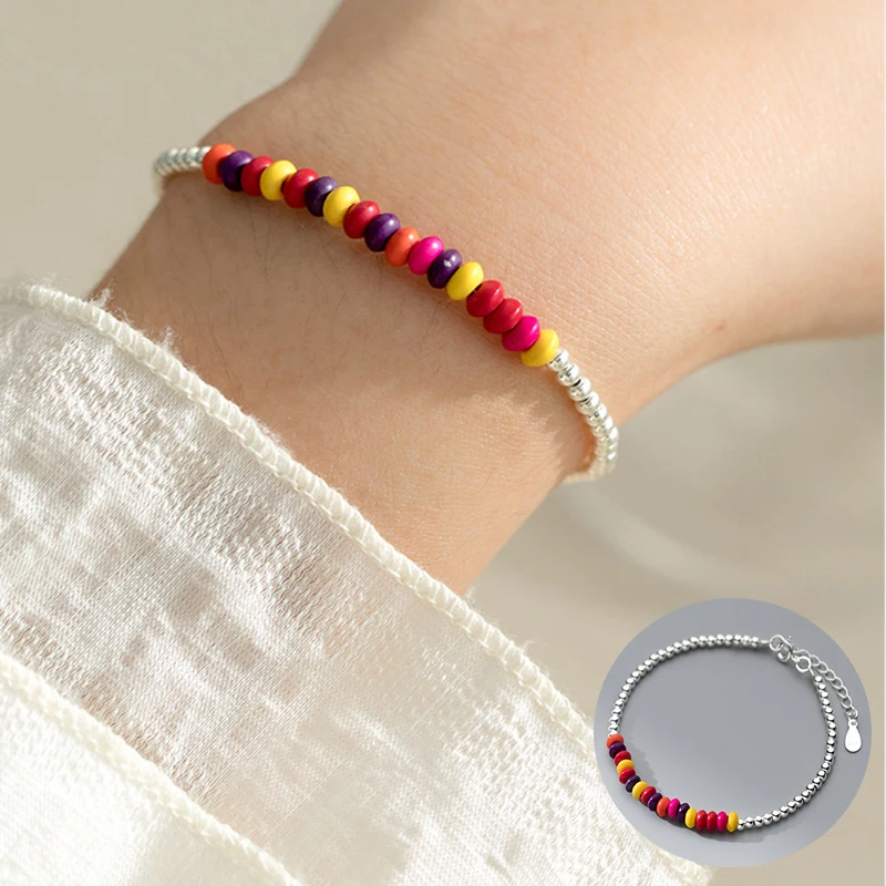

100% 925 Sterling Silver Geometric Bracelet for Women Girl Fashion Simple Round Colored Beads Design Jewelry Gift Dropshipping
