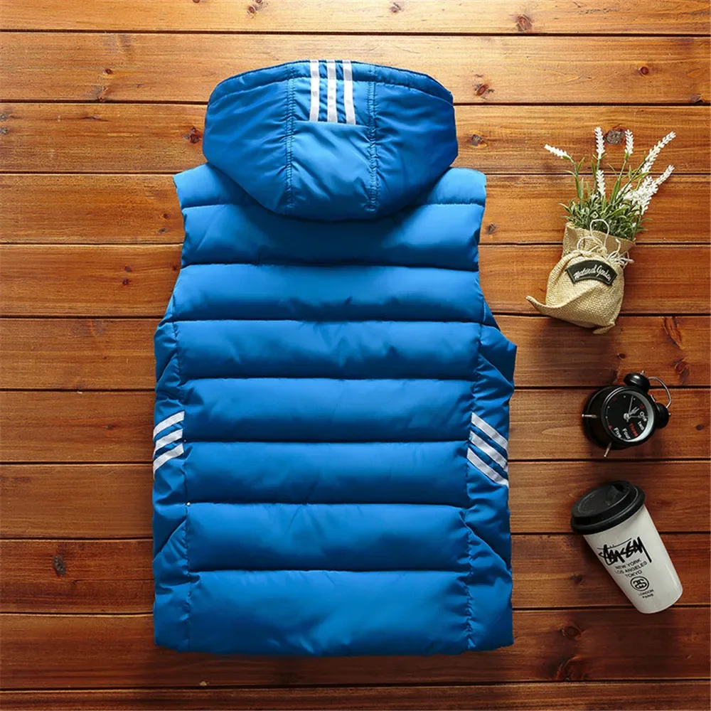 Men Vest Simple Solid Thermal Sleeveless Jacket Hat Detachable Fashion Stripe Coats Windproof Thicken Unloading Waistcoat