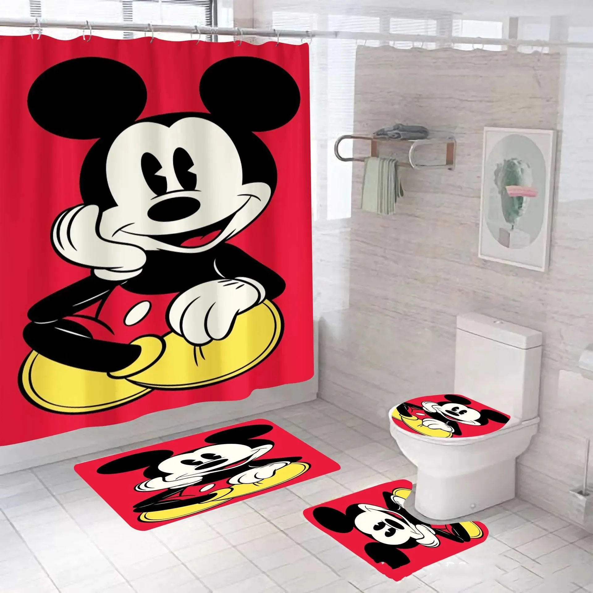 Disney Mickey Mouse 4pcs Shower Curtain Waterproof Bath Curtain Carpet Toilet Mat Cartoon Anime Bathroom Decor Bath Cover Hook