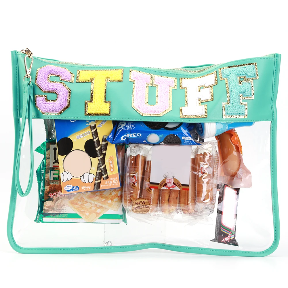 Hot Letter Patches Transparent PVC Cosmetic Bag Clutch Women Clear Travel Make up Cosmetic Bag Pouches Stuff Makeup Toiletry Bag