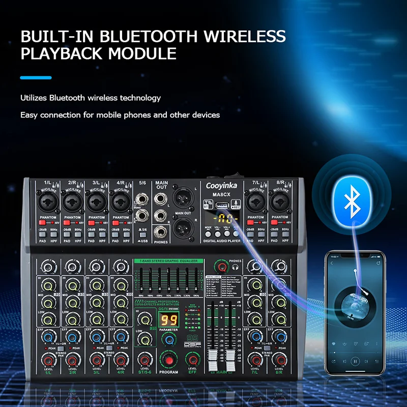 8채널 믹싱 콘솔 48V 99 DSP 이펙트 블루투스 로메호 오디오 DJ 믹서 USB PC 재생 녹음 팟캐스트 사운드 테이블