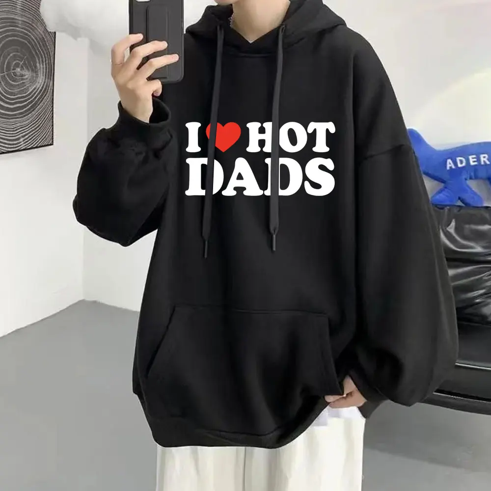 

Худи с надписью I Love Hot Dads с красным сердцем для мужчин и женщин, осенне-зимняя Толстовка с длинным рукавом, модные толстовки для пар, топы