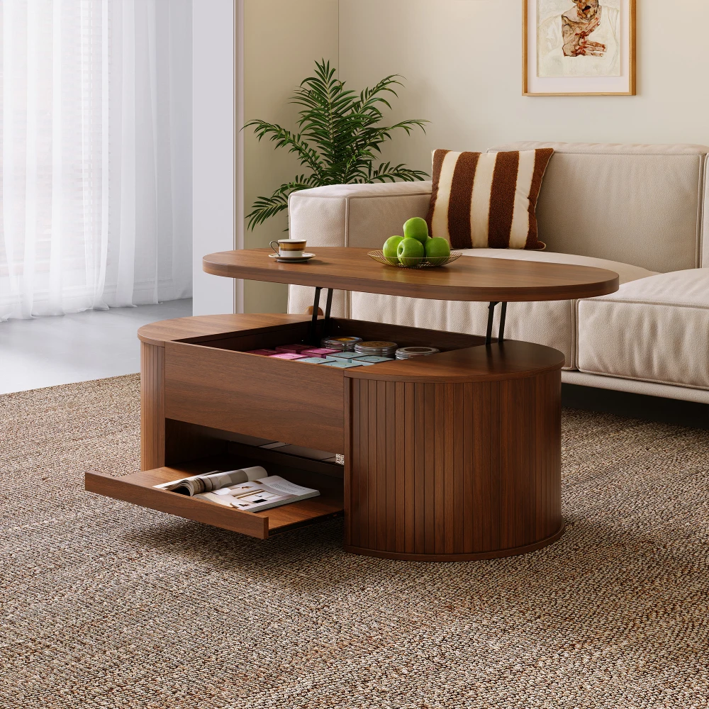 PINGGO Hebbarer Couchtisch mit gebogenen Holzseiten, ausziehbarer Ablage, anhebbarer Tischplatte, multifunktionale Wohnzimmermöbel – Detail 9