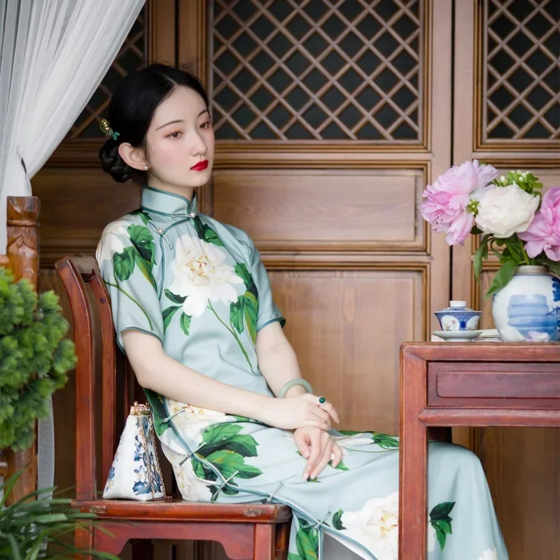

Summer Asian Ball Gown Chinese Qipao Dress for Women Elegant Satin Stand Collar Floral Printed Short Sleeves Cheongsam Dresses