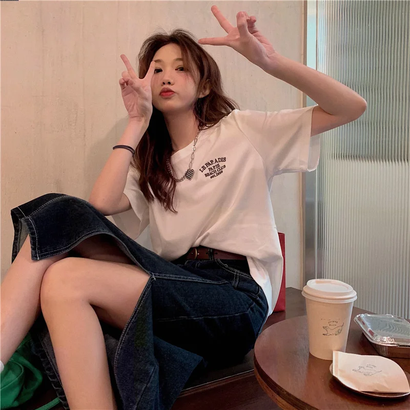 

Summer Women Short Sleeve T-Shirt Top Letter Pullover Tee Cotton Loose Korean Design Student Wear Clothing High Street