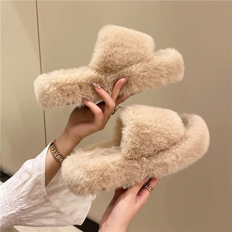 Fur Slippers Winter Platform Fluffy Slippers Furry Sabot Hairy Plush Women 2024 House Home Flat Cozy Fuzzy Indoor Shoes Casual