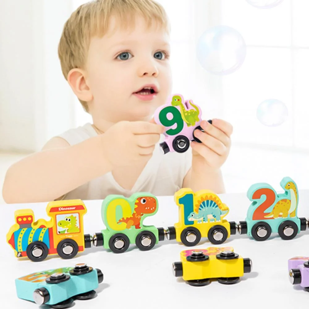 Montessori Magnetic Train Educational Toys Wooden Animal Dinosaur Number Puzzle Building Blocks Assembled Toys Birthday Gifts 2