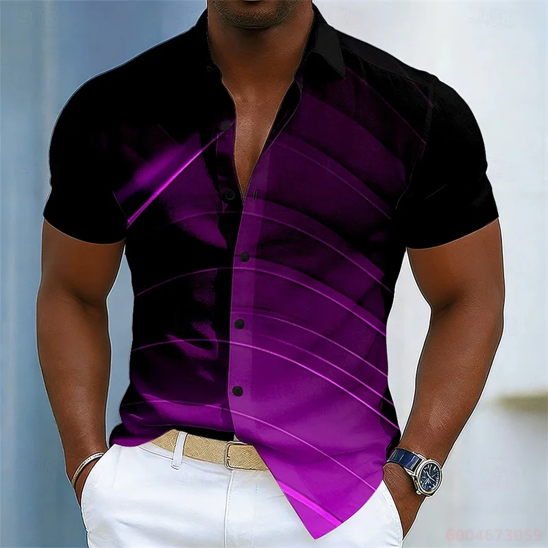 Men's color-blocked abstract striped short-sleeved shirt, summer fashion casual men's shirt, Hawaiian shirt, sizes XS-6XL.