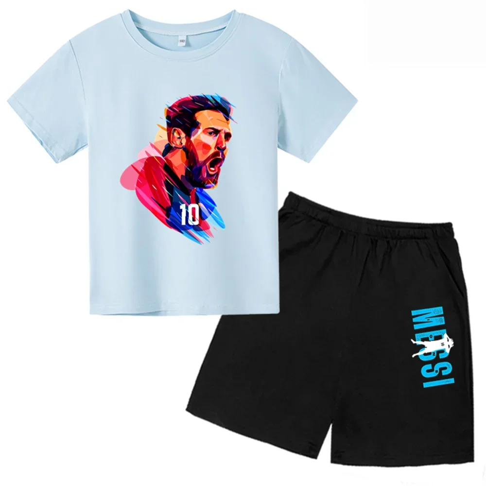 thumbnail image 1 of Camiseta con estampado de Messi de verano para niños y adolescentes, ropa de verano para niños y niñas, camiseta y pantalones cortos, conjunto de 2 piezas, traje deportivo de manga corta, 1 of 5