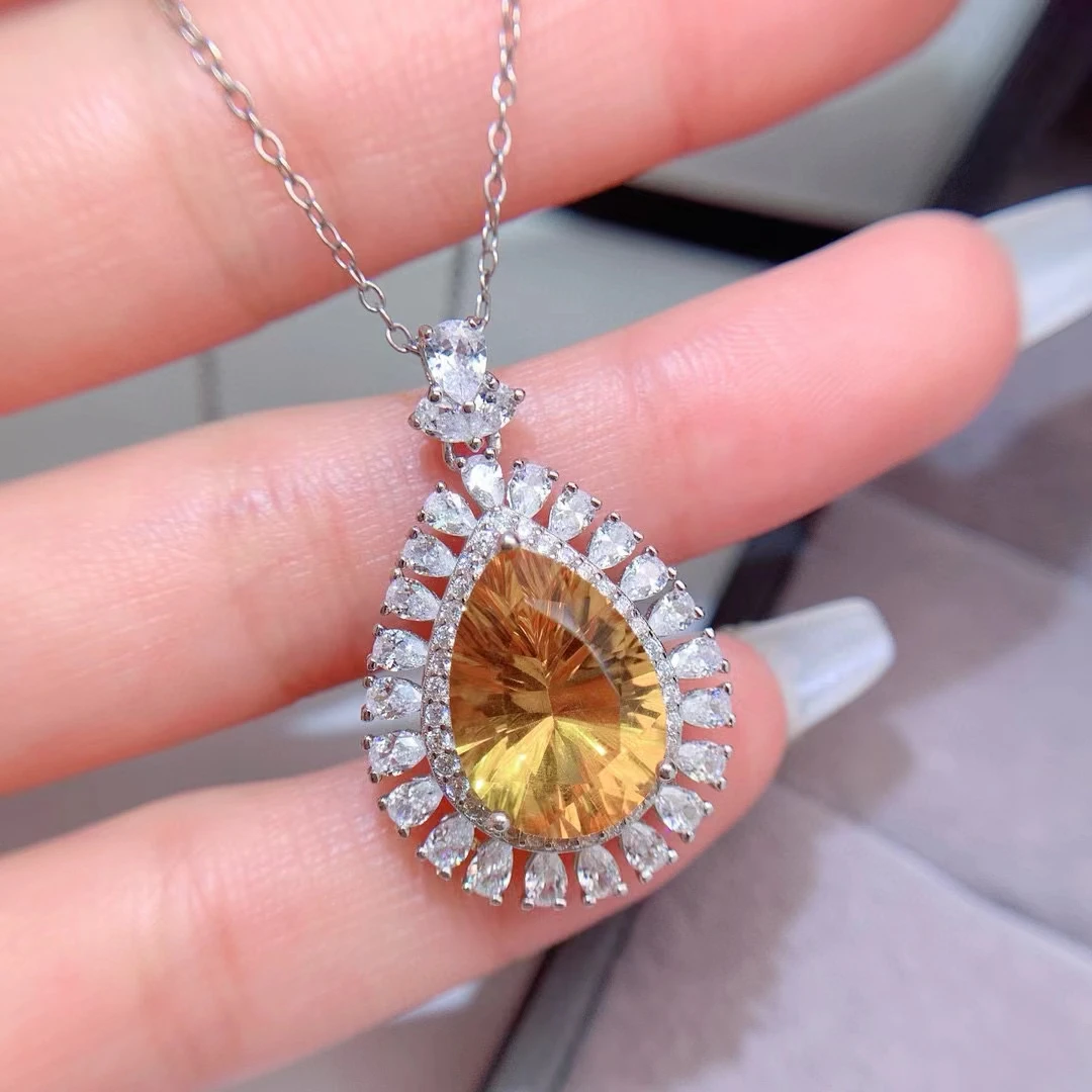 

5ct VVS Citrine Penant with 925 Silver Necklace 10mm*14mm Pear Cut Natural Citrine Jewelry 3 Layers 18K Gold Plated Jewelry