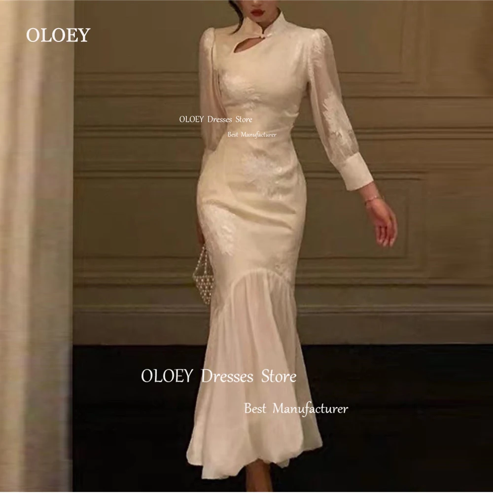 

OLOEY Vintage Mermaid Ivory Evening Party Dresses Lace Applique Korea Wedding Photo shoot Long Sleeves High Neck Prom Gowns