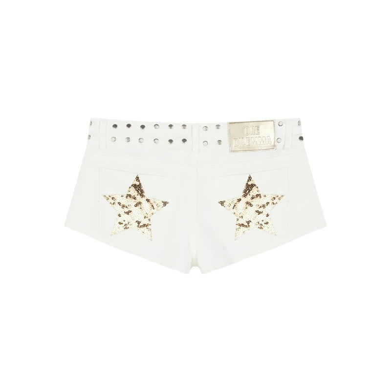 Y2K Low Waist Denim Shorts Women European American Casual Contrasting Loose Fashionable Back Sequin Star Print Hot Pants 4