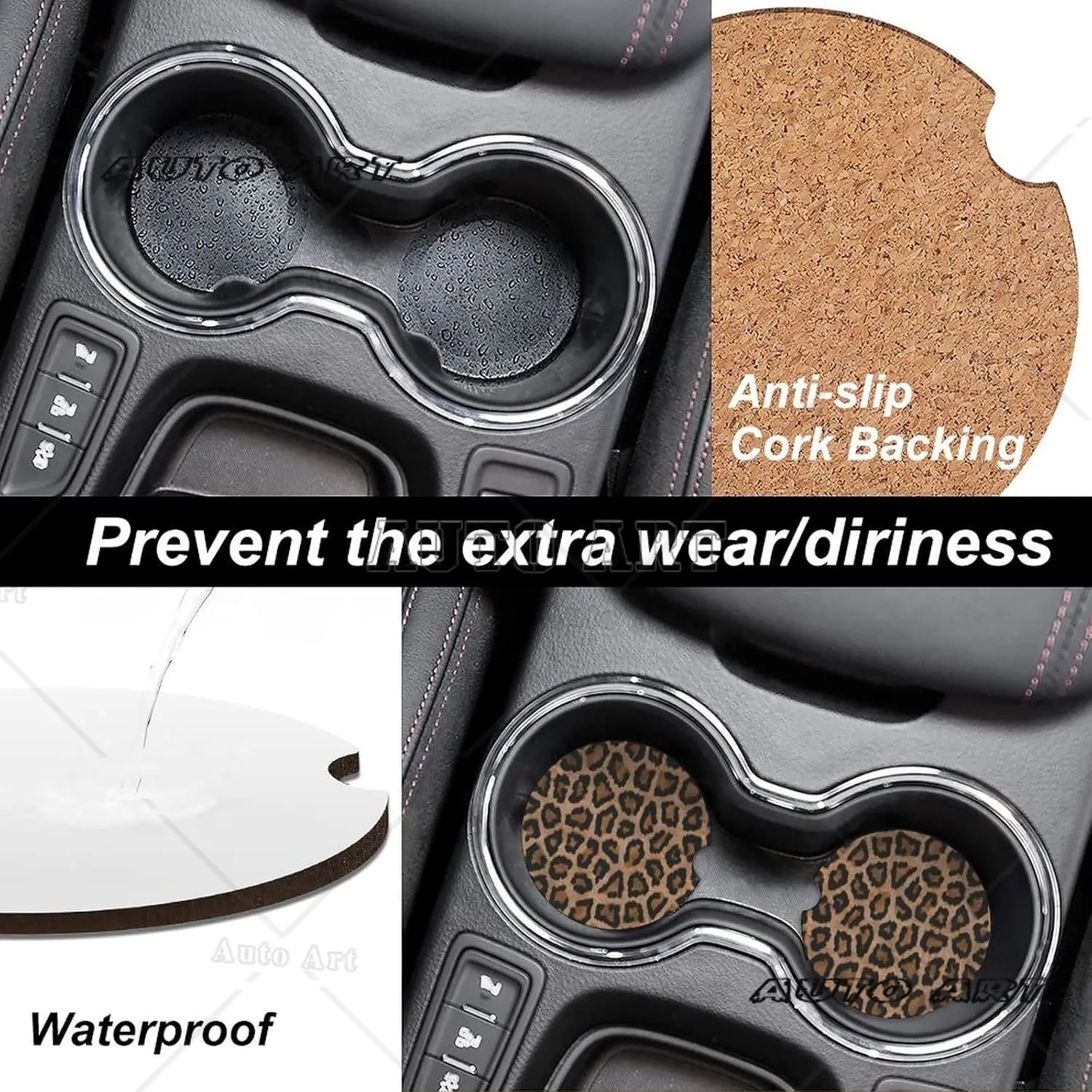 Car Cupholder Coaster 2 Pack,Ceramic Stone Coaster with a Finger Notch Cute Auto Accessories Gifts Retro Luxury Leopard