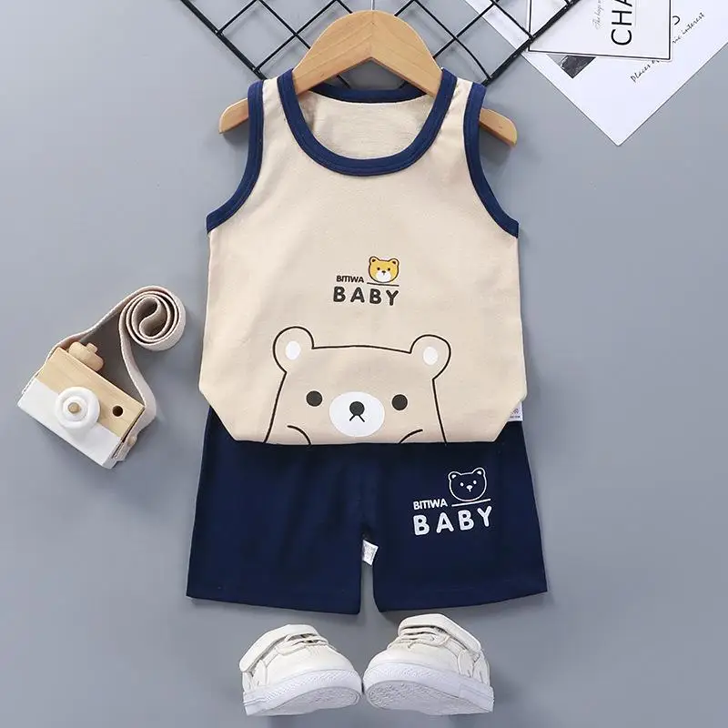 thumbnail image 1 of Chándales con estampado de dibujos animados para niños y niñas, chaleco sin mangas y pantalones cortos elásticos, novedad de verano 2022, 1 of 5
