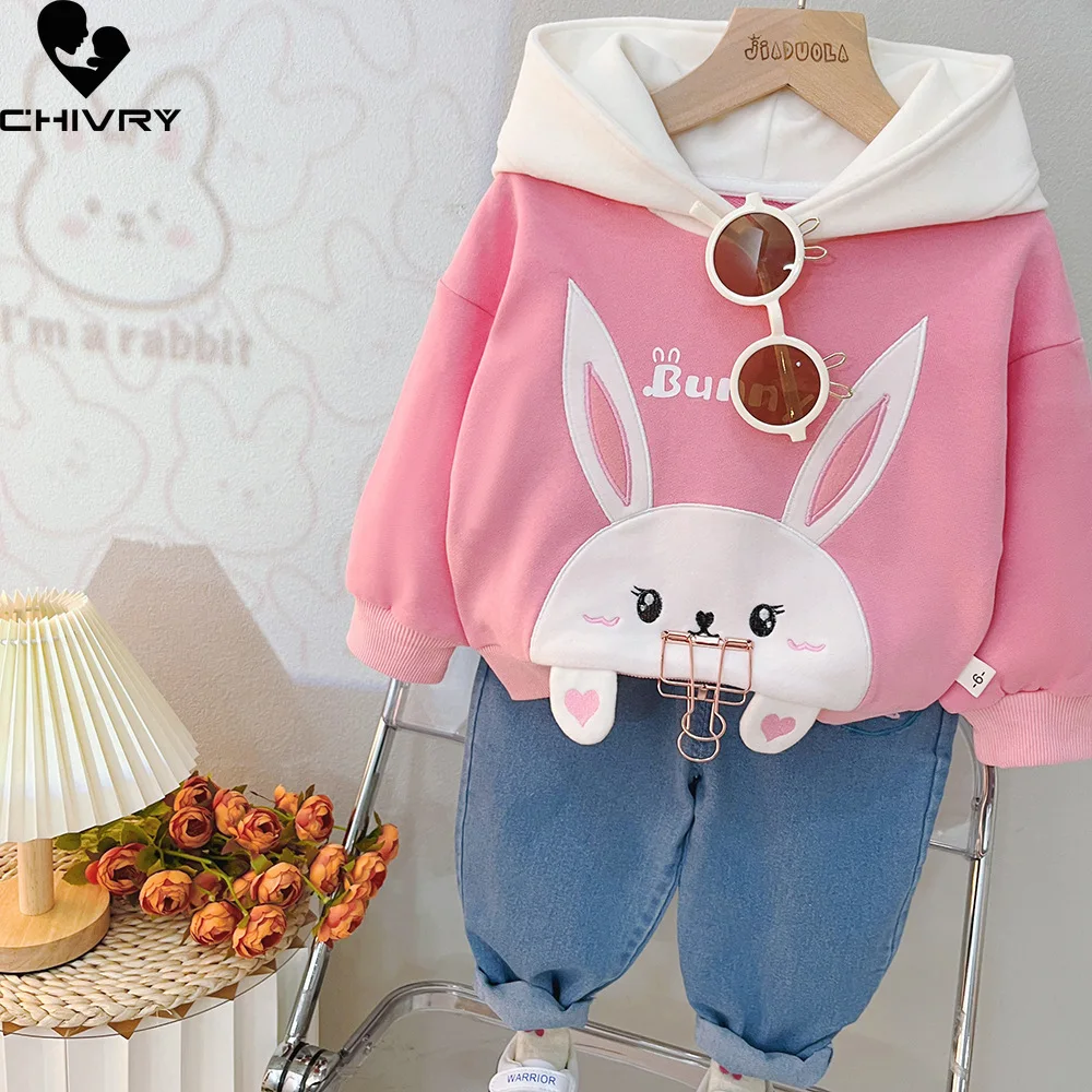 New Baby Girls Spring Autumn Fashion Cartoon Rabbit Hooded Hoodies Sweatshirt with Denim Pants Kids Casual Clothing Sets
