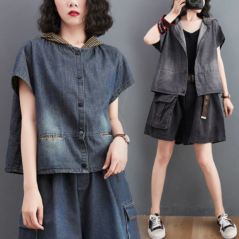 Short Sleeve Coat Summer Korean Loose Version Jeans Female Stitching Plaid Hooded Cardigan Short Demin Outwear new high waisted five button jeans female slim straight ankle length demin pants women 90s vintage clothes