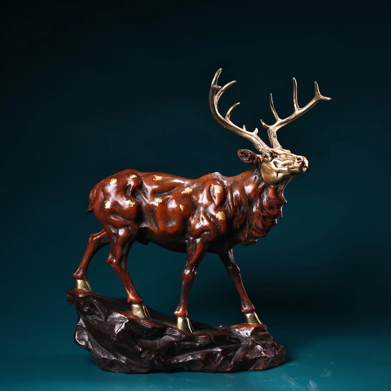 

14"Tibetan Temple Collection Old Bronze Gilded True Gold Fairy Deer spirit deer Cervidae Gather fortune ornament Town House