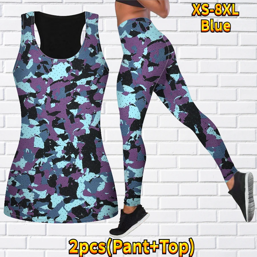 Women\'s Two-piece Yoga Set Sleeveless Casual Sports Vest Yoga Set 3D Camouflage Printed Sportswear Set XS-8XL
