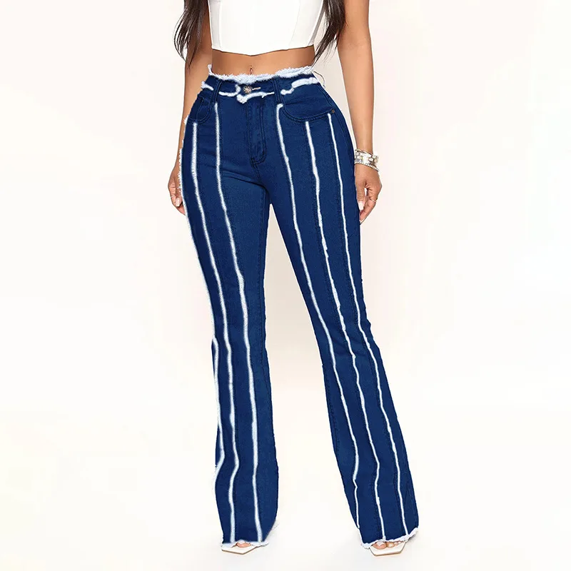 

High Quality Elastic Women's Flared Jeans With Long Stripes Pants Fashion Women Clothing High Street Ladies Trousers