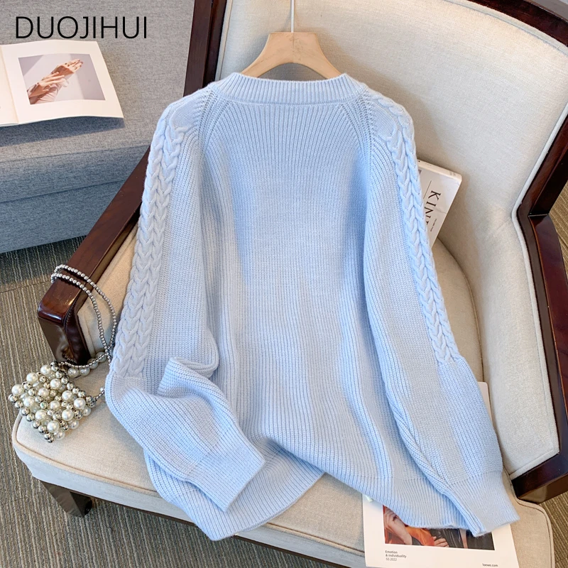 DUOJIHUI 여성용 단추 가디건, 베이직 O넥, 심플한 캐주얼 패션, 단색, 부드러운 니트, 블루