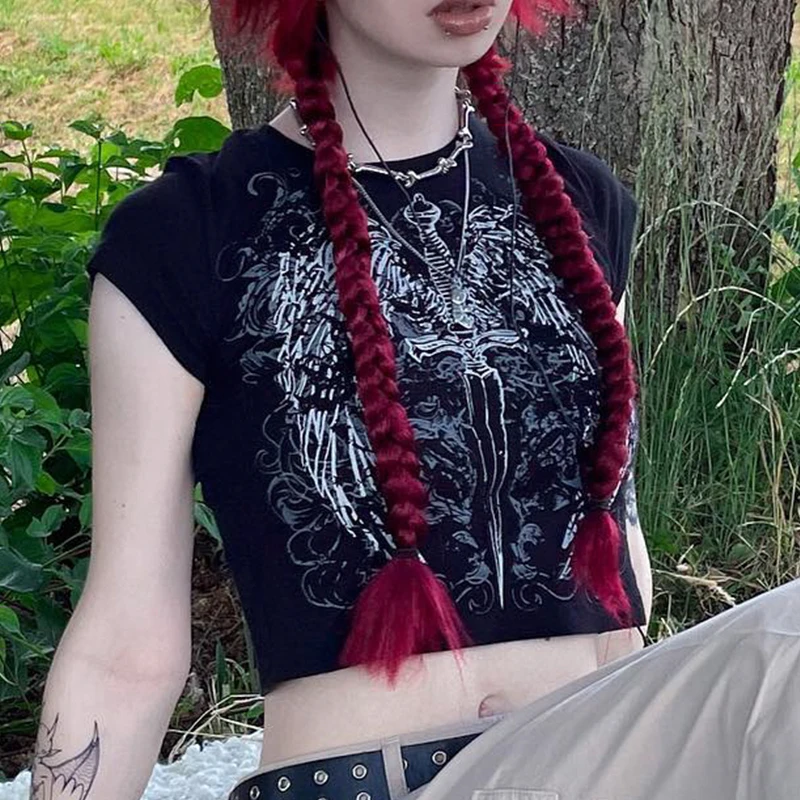 90s Harajuku printed T-shirt short sleeved tight top women's Y2K street wear exposed navel top