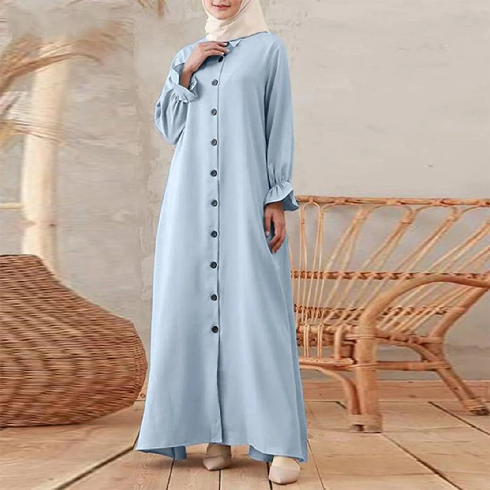 

Women's Clothing Muslim Robe Jilbab Abaya Islamic Clothing Long Sleeve Robe Shirt Collar Single Breasted Casual Femme Kaftan