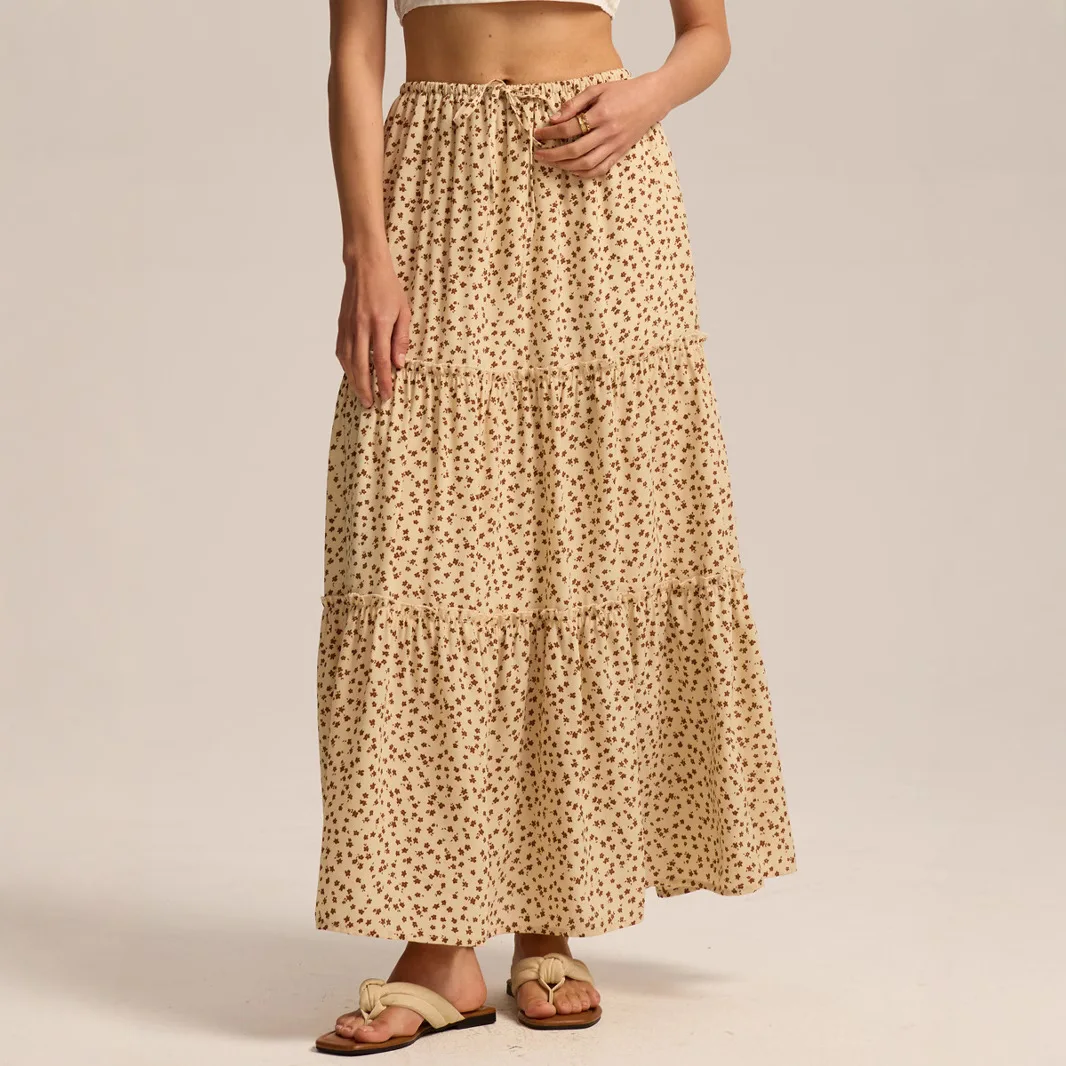 Floral Print Long Skirt for Women Summer High Waist Elastic