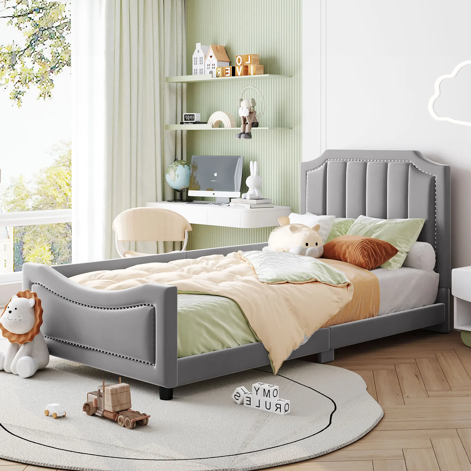 

Twin Size Upholstered Daybed with Classic Stripe Shaped Headboard