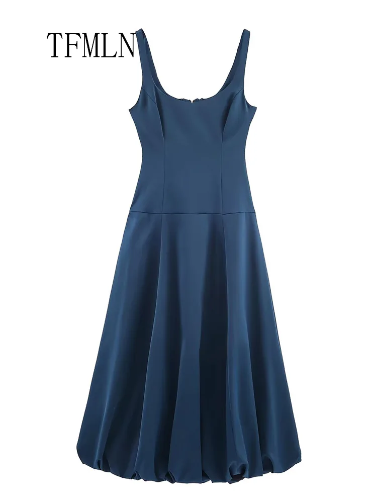 Elegant 2026 Spring Summer Women Balloon Shaped Midi Dress Sexy Sleeveless Square Collar A-line Backless Chic Party Long Dress