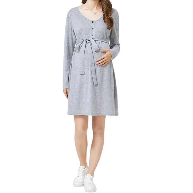 Maternity Dress Pregnant Women Long Sleeve Pajamas Pregnancy Nightwear Nursing Nightgown Breastfeeding Nightdress Sleepwear