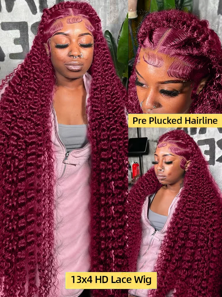 30 40 Inch 99J Burgundy 13x6 Hd Lace Frontal Human Hair Wig Red Colored 13x4 Transparent Lace Curly Deep Wave Frontal Wig