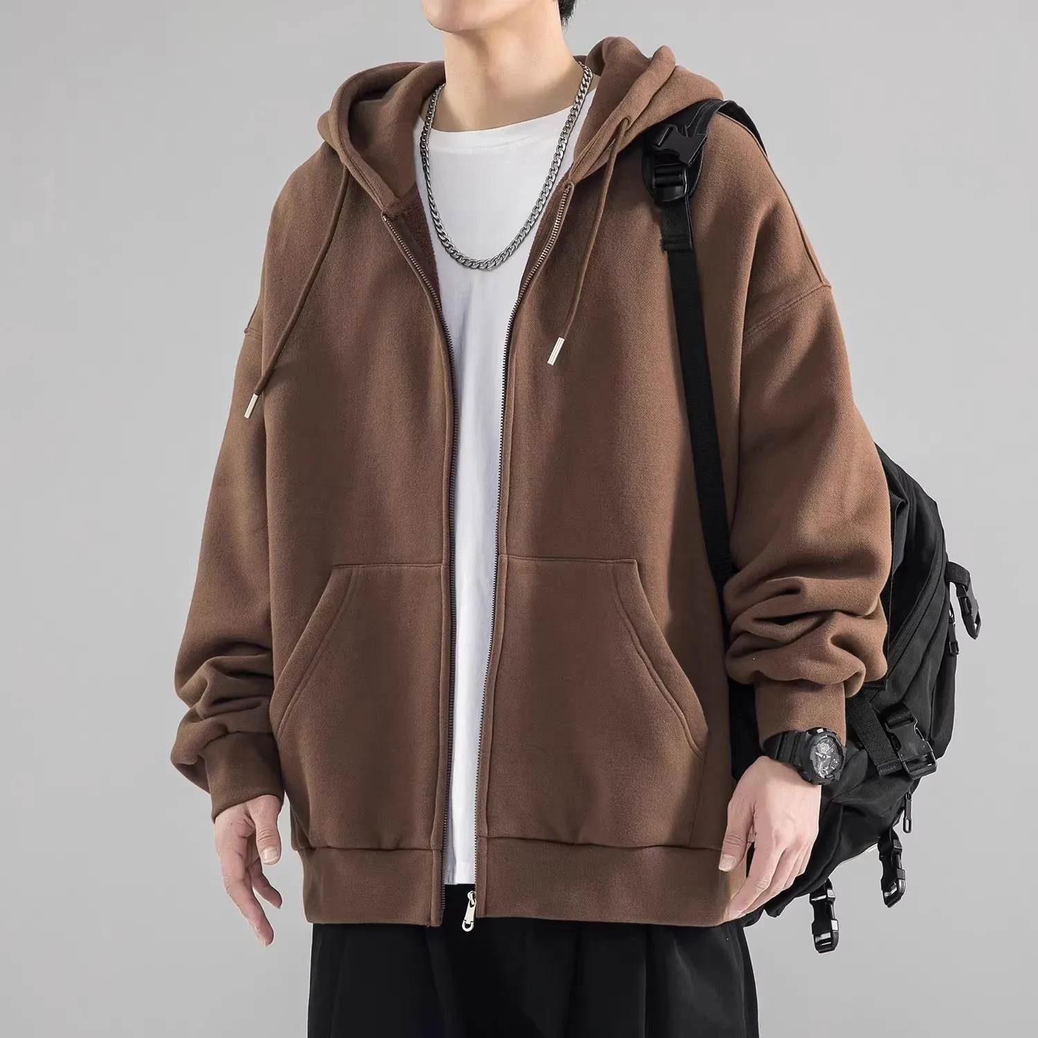 Heavyweight Hooded Cardigan Men's 2024 New Spring Autumn American Lazy Sle Couple Model Coffee Color Zipper Jaet