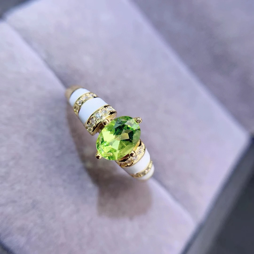 

925 Silver Enamel Ring 5mm*7mm 0.7ct Natural Peridot Ring 3 Layers 18K Gold Plated Peridot Jewelry for Party