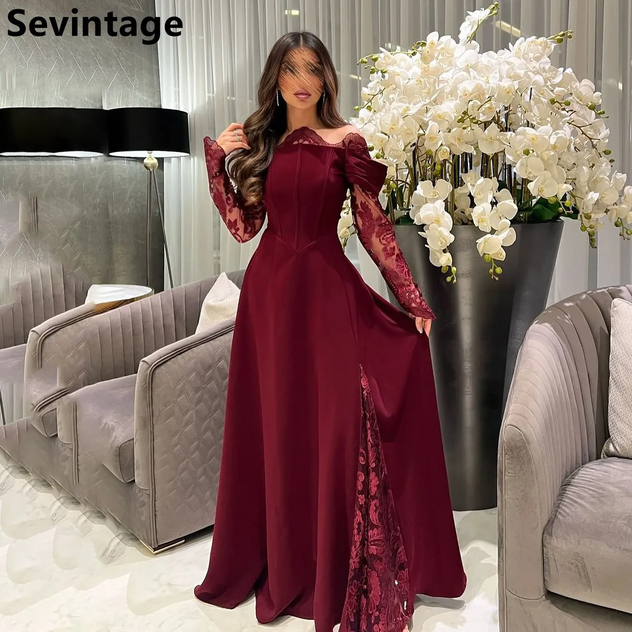 Burgundy Evening Dress For Wedding Party Lace Long Sleeve Off Shoulder Prom Dress Saudi Arabic Party Gown Customized women prom dresses