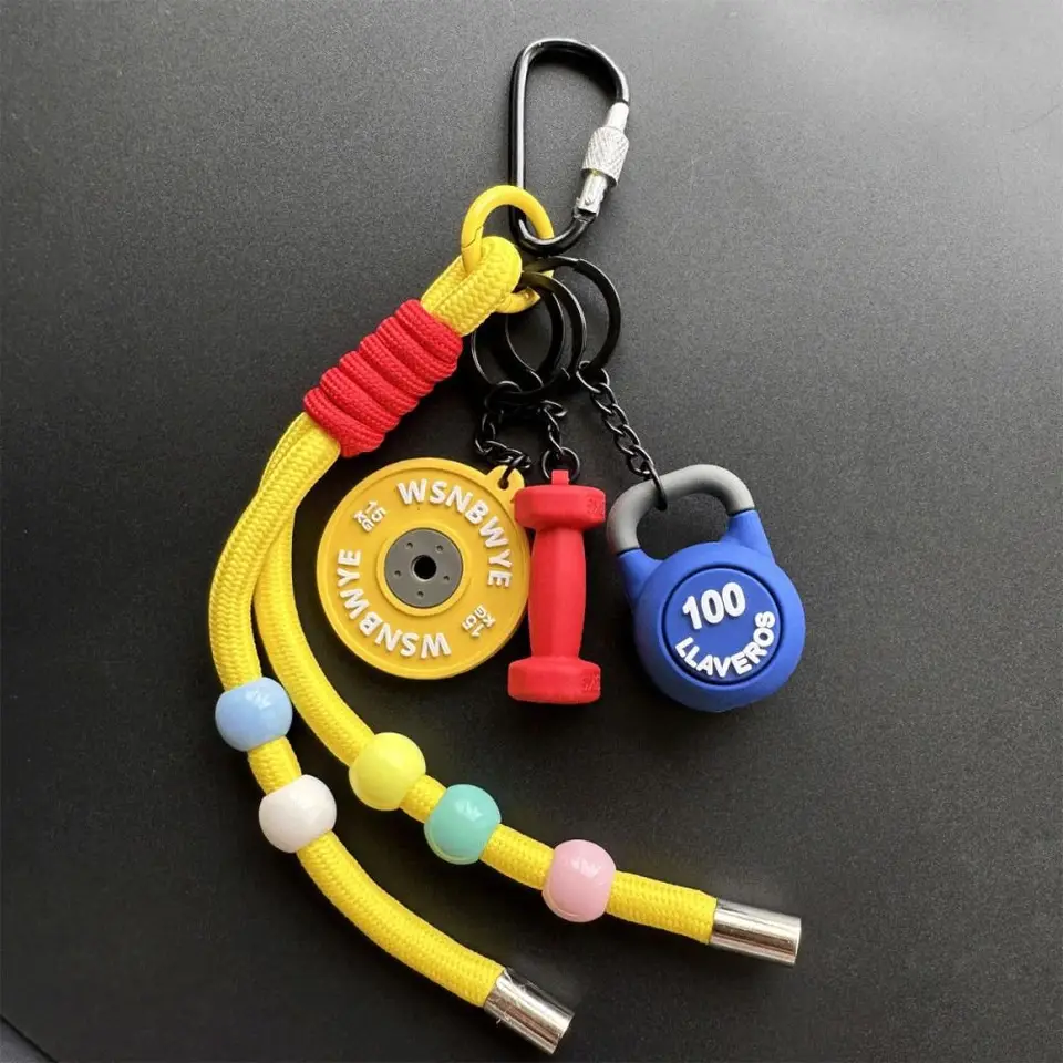 Mini Barbell Plates Key Chain with D-shaped Buckle Colorful Simulation Dumbbells Keyring Bag Charm Creative