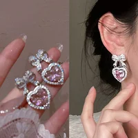 Exquisite Full Rhinestone Bow Earrings for Women Sparkling Crystal Love Heart Bowknot Drop Earring Girls Party Wedding Jewelry - Image 2
