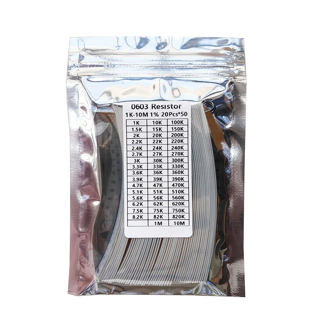Resistor kit 0201 0402 0603 0805 1206 smd 50values*20PCS=1000PCS 1% Sample 1ohm 47ohm 1kohm 10kohm