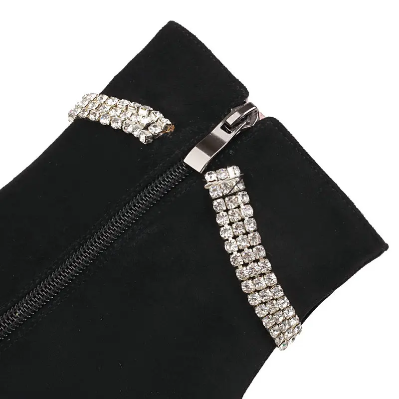 Black Ankle Boots Women 2022 Autumn Winter High Heels Shoes Latest Pointed Toe Flock Bow Crystal Decorate Stiletto Booties