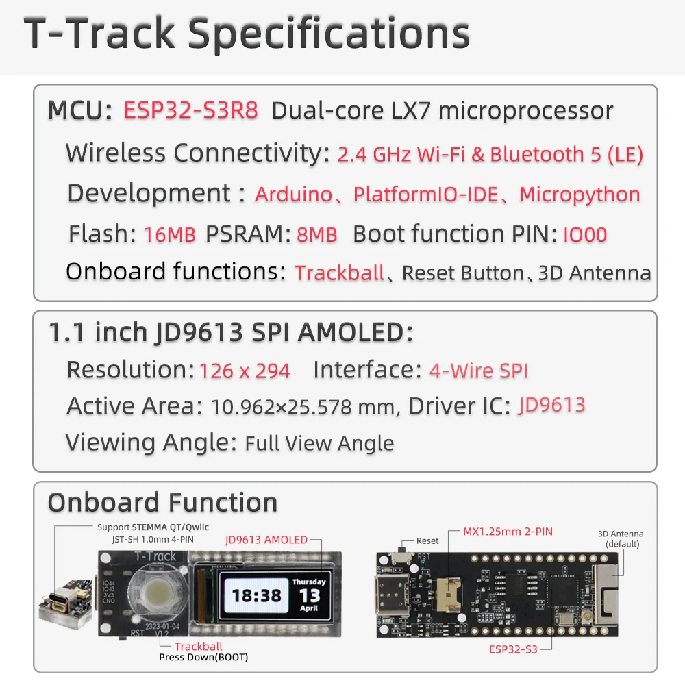 Lilygo® T-track Esp32-s3 Amoled Trackball Development Board Esp32-s3r8 Wifi Bluetooth 1.1 Polegada Display Módulo sem Fio Arduino - Image 3