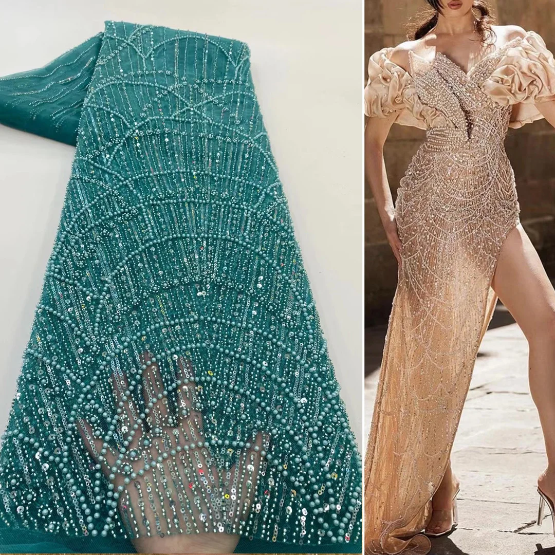 

(5 ярдов/шт.) высококачественные жемчужные бусины-трубки и блестки, французское Сетчатое кружево с вышивкой, Африканское Тюлевое кружево для великолепного платья FCC263