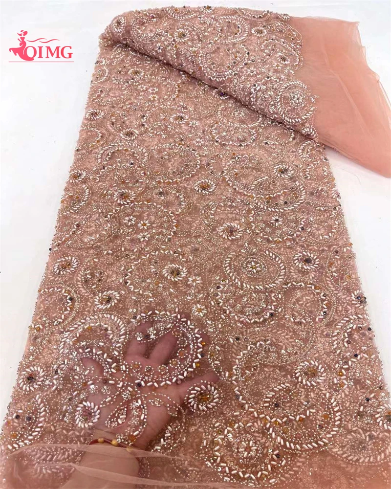 

OIMG Orange French Luxury Sequins Net Lace Fabric African Heavy Handmade BeadedTulle Lace Fabric For Bridal Evening Dress Sewing