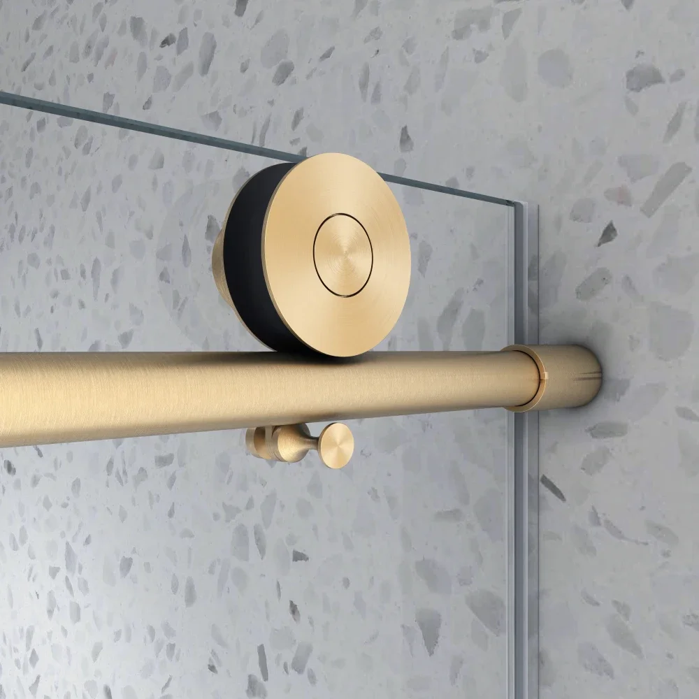 6076 Brushed Gold frameless one fixed and one shifted Shower Door,70MM 304 stainless steel large pulleys with adjustable 5