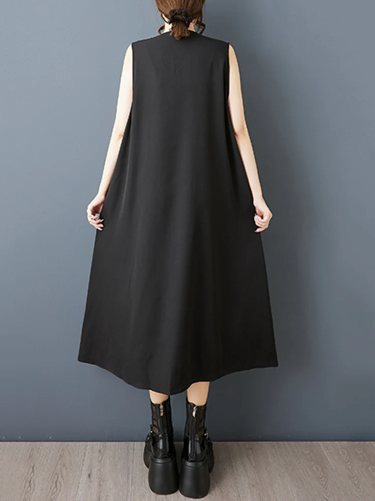 Zipper Pocket V-Neck Sleeveless Oversized Black Vintage Dresses For Women Summer New In Loose Casual Dress Elegant Clothing 2025