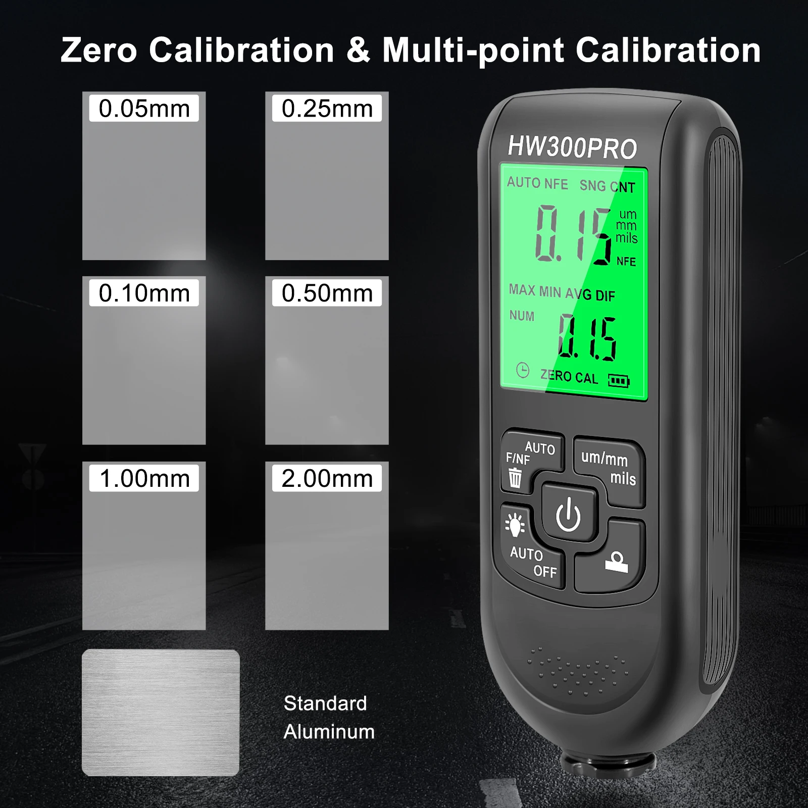 Digital Coating Thickness Gauge for Automotive Paint & Metal - HW-300PRO with Backlit LCD, ±(3%+1μm) Precision, 0-2000μm Range, 4