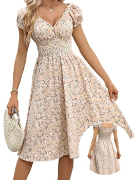 Vintage floral dress with fluffy cuffs and pleated waist cinching, suitable for women's summer beach wear and summer parties 1