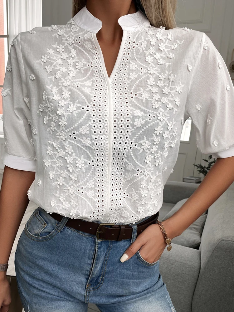 

New Summer Floral Embroidery Lace Blouse Women Hollow-out Stand Collar V Neck Casual Shirt Elegant Short Sleeve Cotton Tops