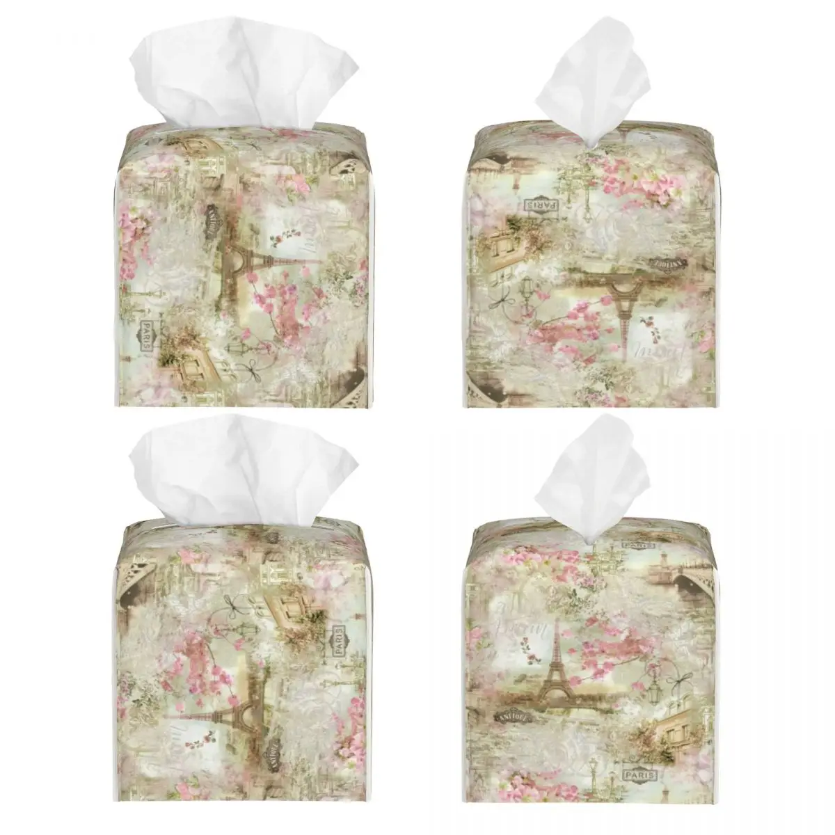 Custom France Paris Eiffel Tower Facial Tissue Box Cover Square Flower Pink PU Leather Tissue Box Holder for Car Bathroom 2