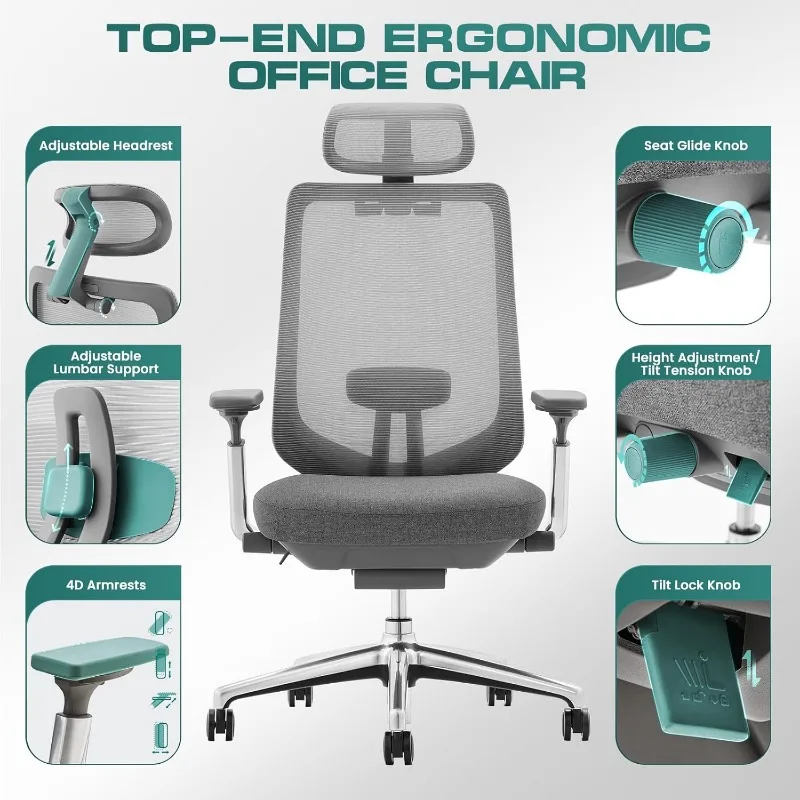 Ergonomic Mesh Office Chair, High Back Computer Executive Desk Chair with Adjustable Headrest and 4D Arms, Slide Seat 4