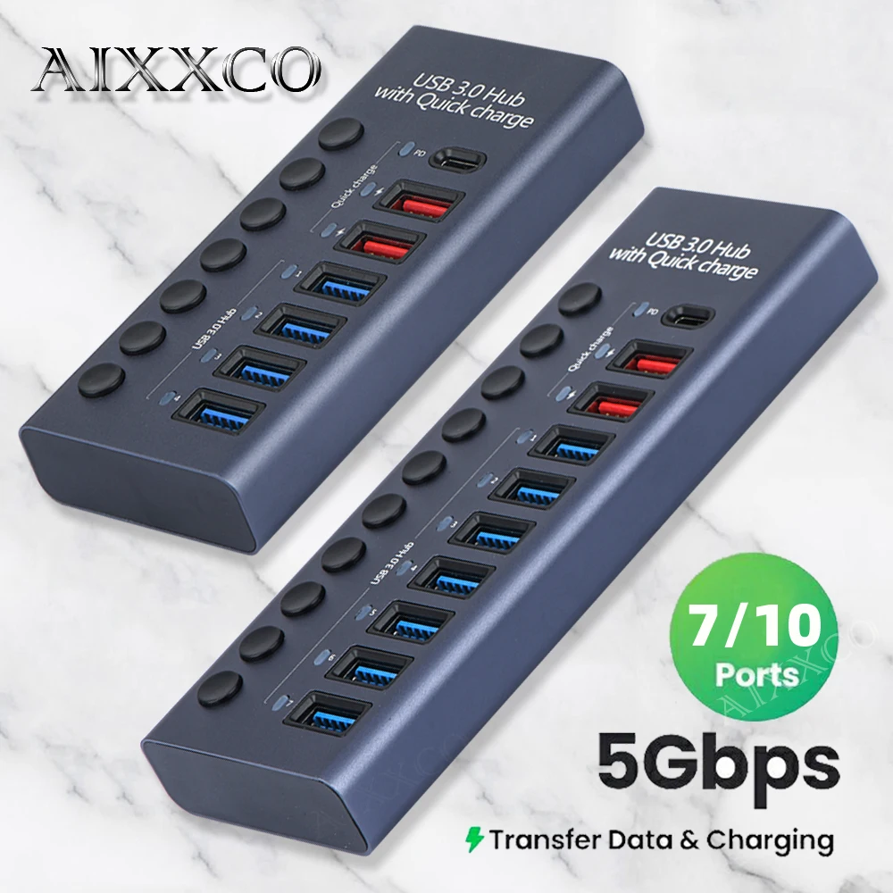 Aixxco 10 Porte Usb 3.0 Hub Splitter Multi Usb Ad Alta Velocità Con Adattatore Di Alimentazione Interruttore Espansore Multiplo Con Caricatore Pd