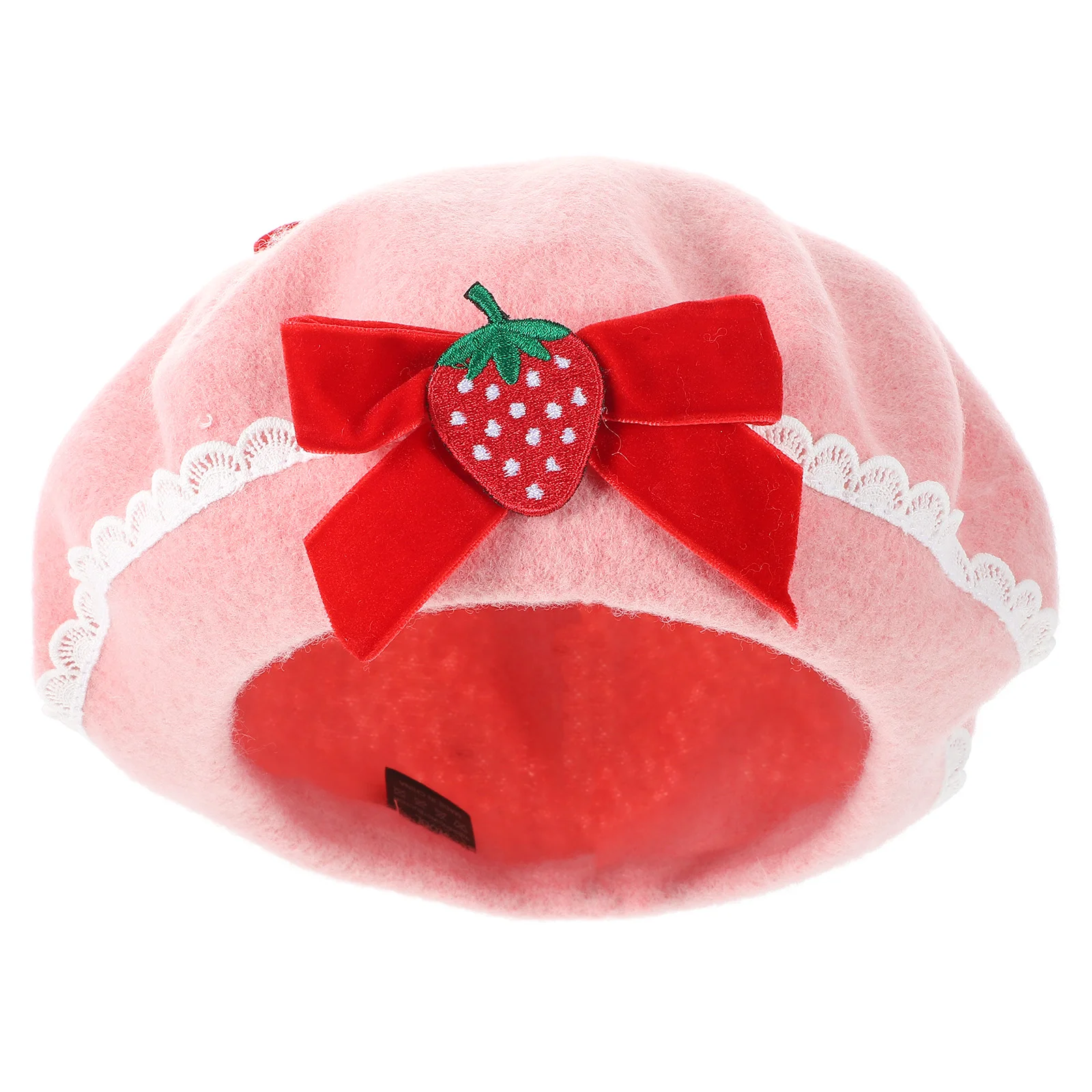Berets Strawberry Bow Woolen French Beret Hat Wool Cap 56-58Cm Handmade Fashion Warm Hat Gift Halloween Christmas Xmas 6
